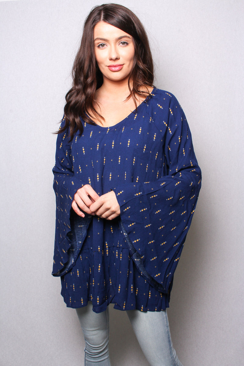 Women's V Neck Bell Sleeves Printed Tiered Blouse