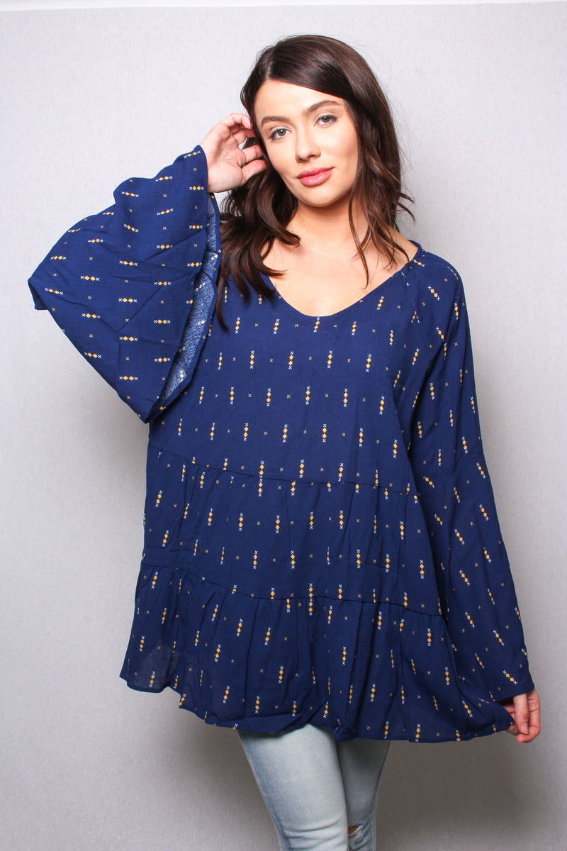 Women's V Neck Bell Sleeves Printed Tiered Blouse
