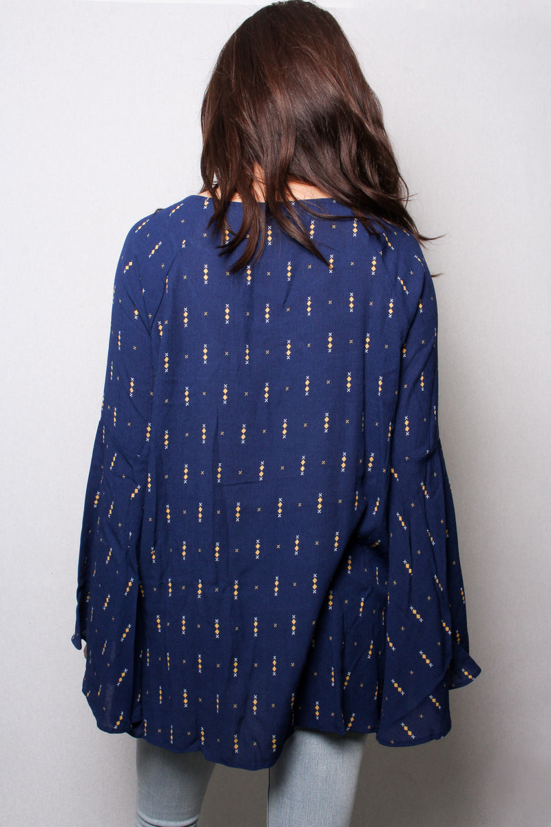 Women's V Neck Bell Sleeves Printed Tiered Blouse