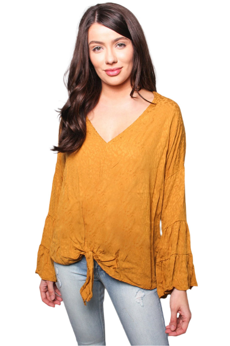 Women's V Neck Bell Sleeves Tie Front Sheen Textured Top