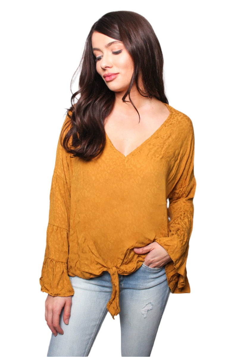 Women's V Neck Bell Sleeves Tie Front Sheen Textured Top