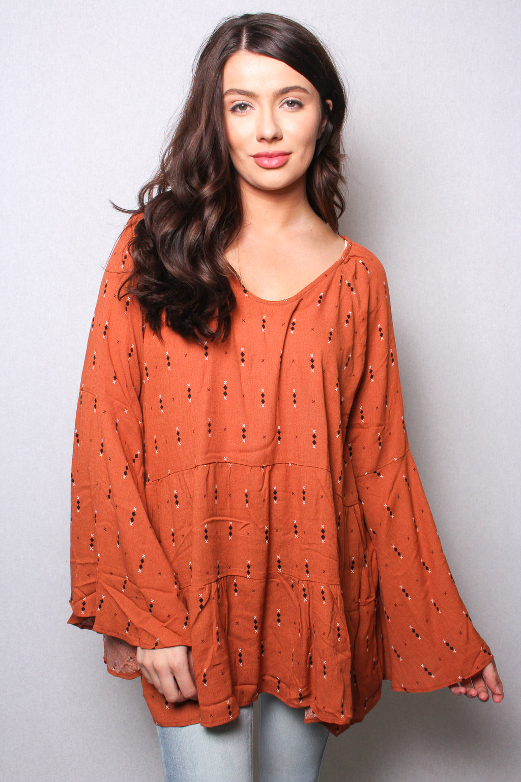 Women's V Neck Bell Sleeves Printed Tiered Blouse