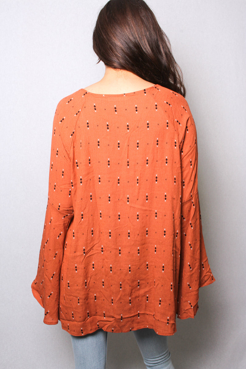 Women's V Neck Bell Sleeves Printed Tiered Blouse