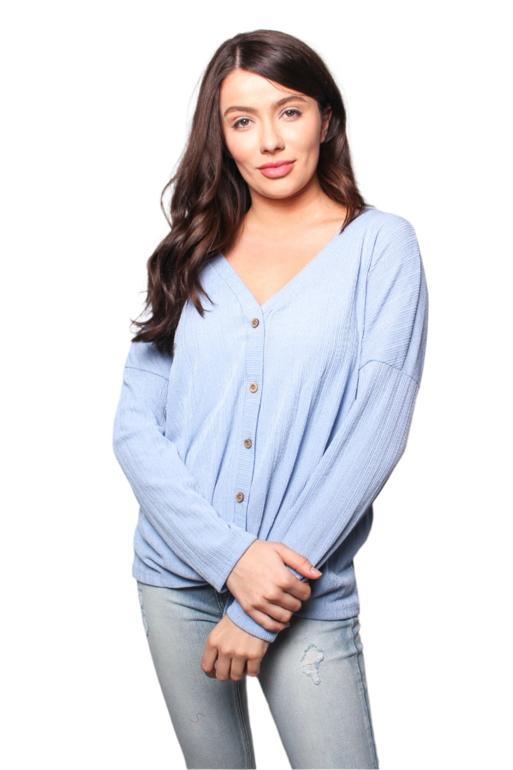 Women's V Neck Long Sleeves Tie Front Button Detail Top