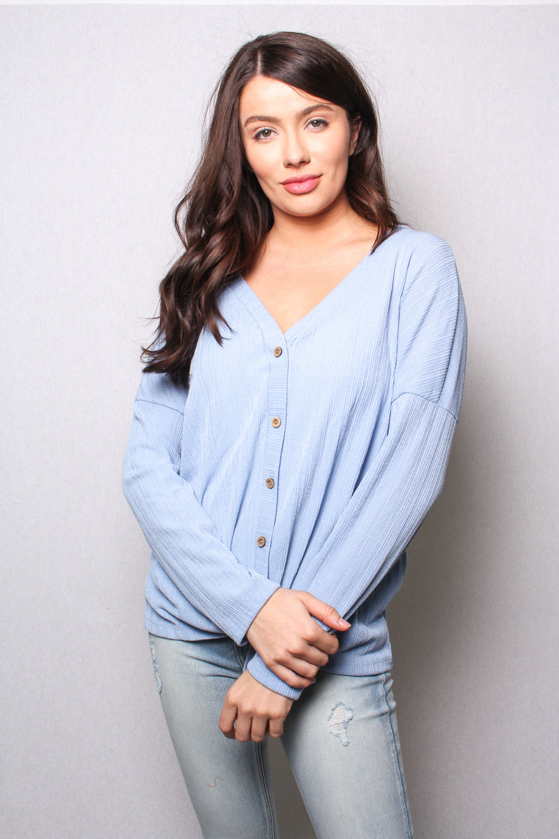 Women's V Neck Long Sleeves Tie Front Button Detail Top