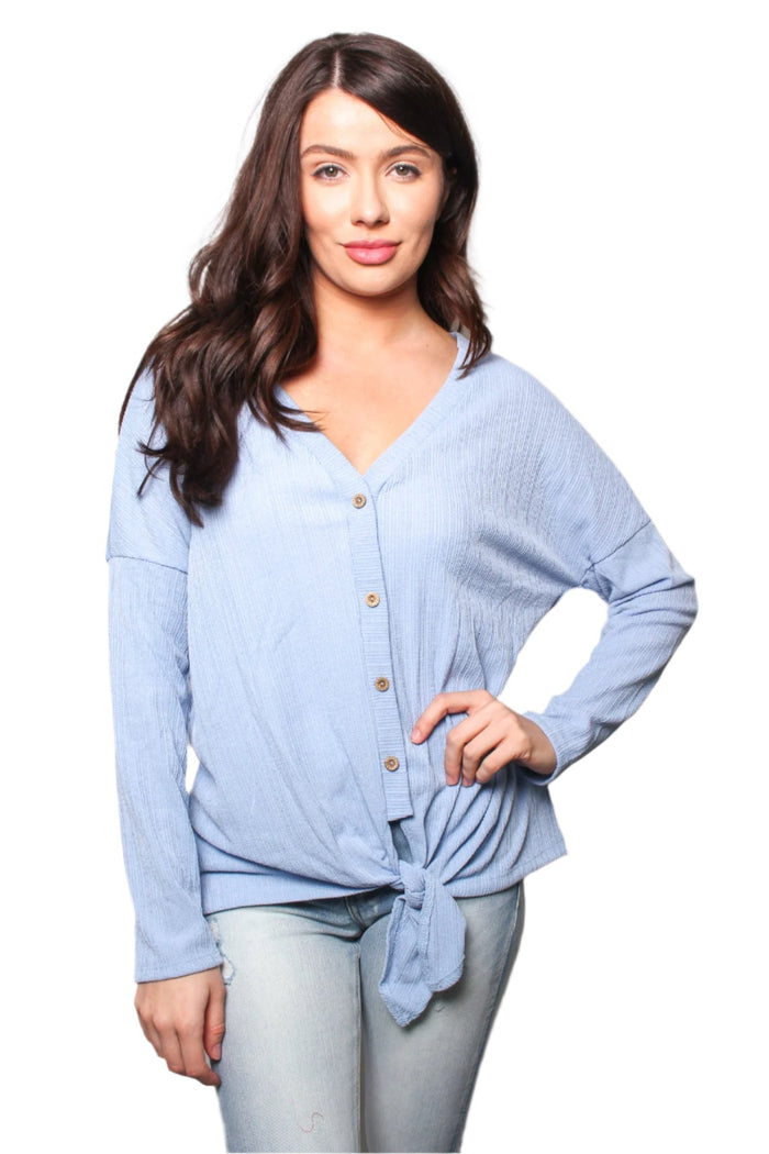 Women's V Neck Long Sleeves Tie Front Button Detail Top