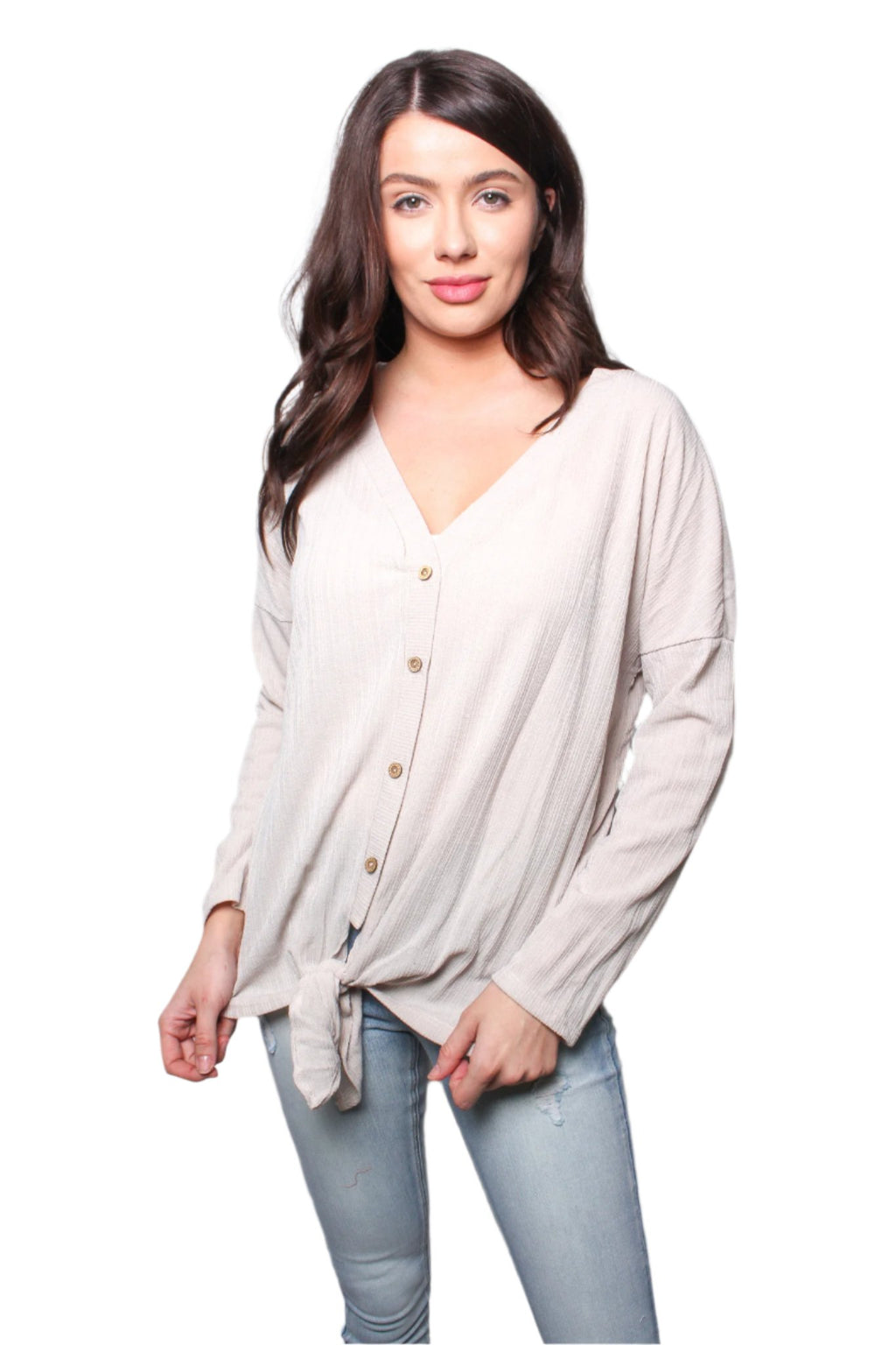 Women's V Neck Long Sleeves Tie Front Button Detail Top