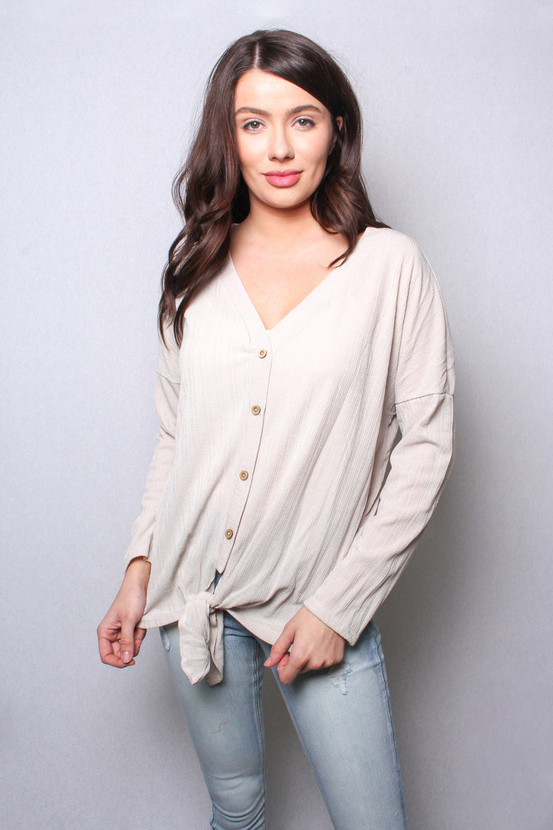 Women's V Neck Long Sleeves Tie Front Button Detail Top