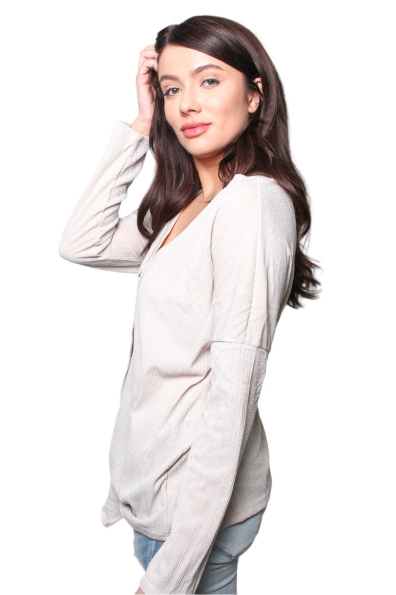 Women's V Neck Long Sleeves Tie Front Button Detail Top