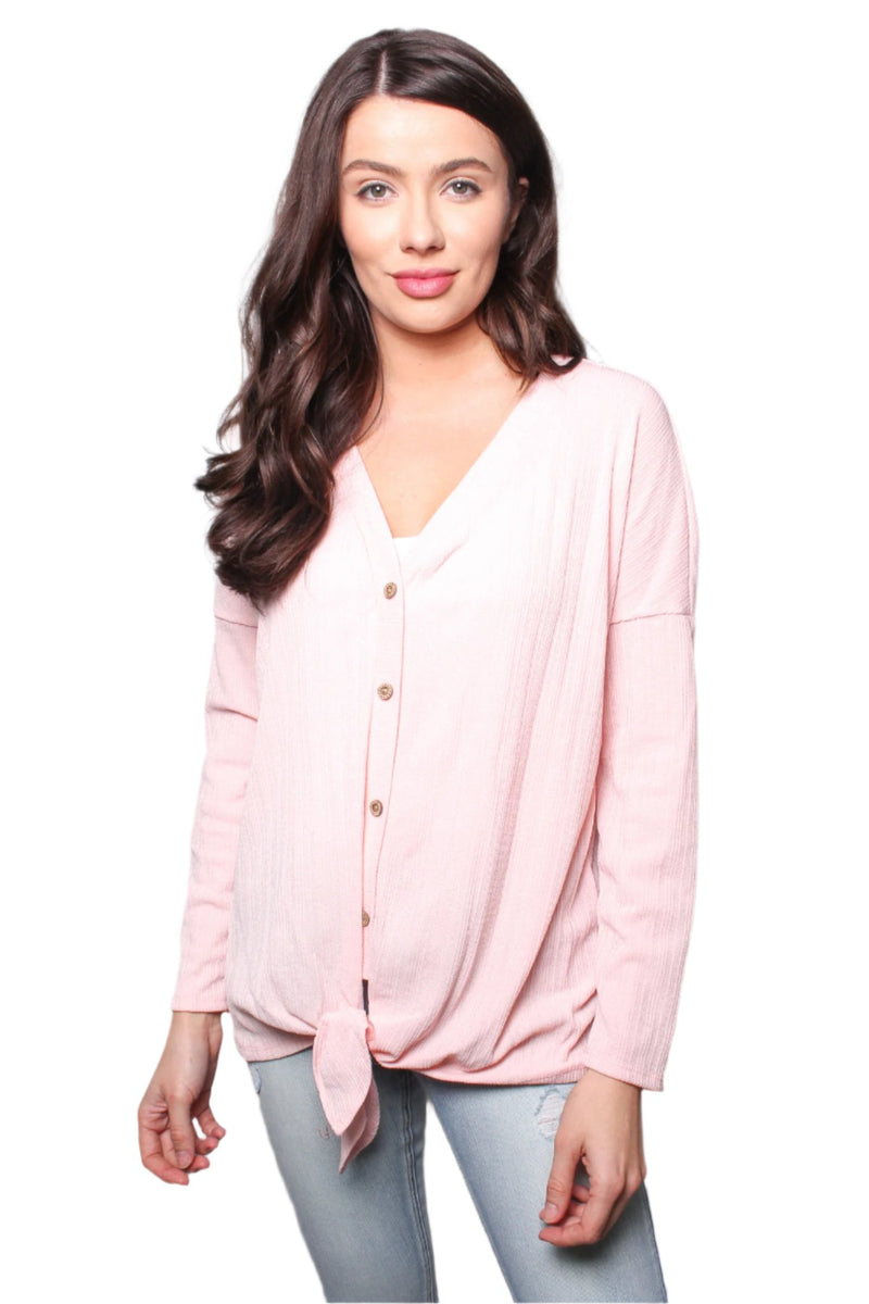 Women's V Neck Long Sleeves Tie Front Button Detail Top