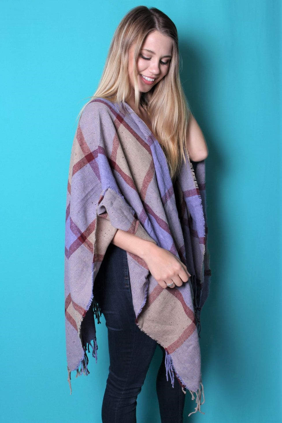 Women's Drape Multi Color Poncho with Tassel