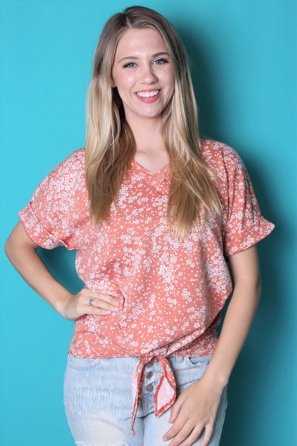 Women's Floral V Neck Top w/ Front Knot