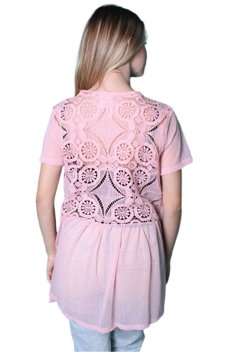 Women's Short Sleeve Open Front Crochet Detailed Kimono