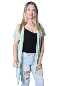 Women's Short Sleeve Open Front Crochet Detailed Kimono