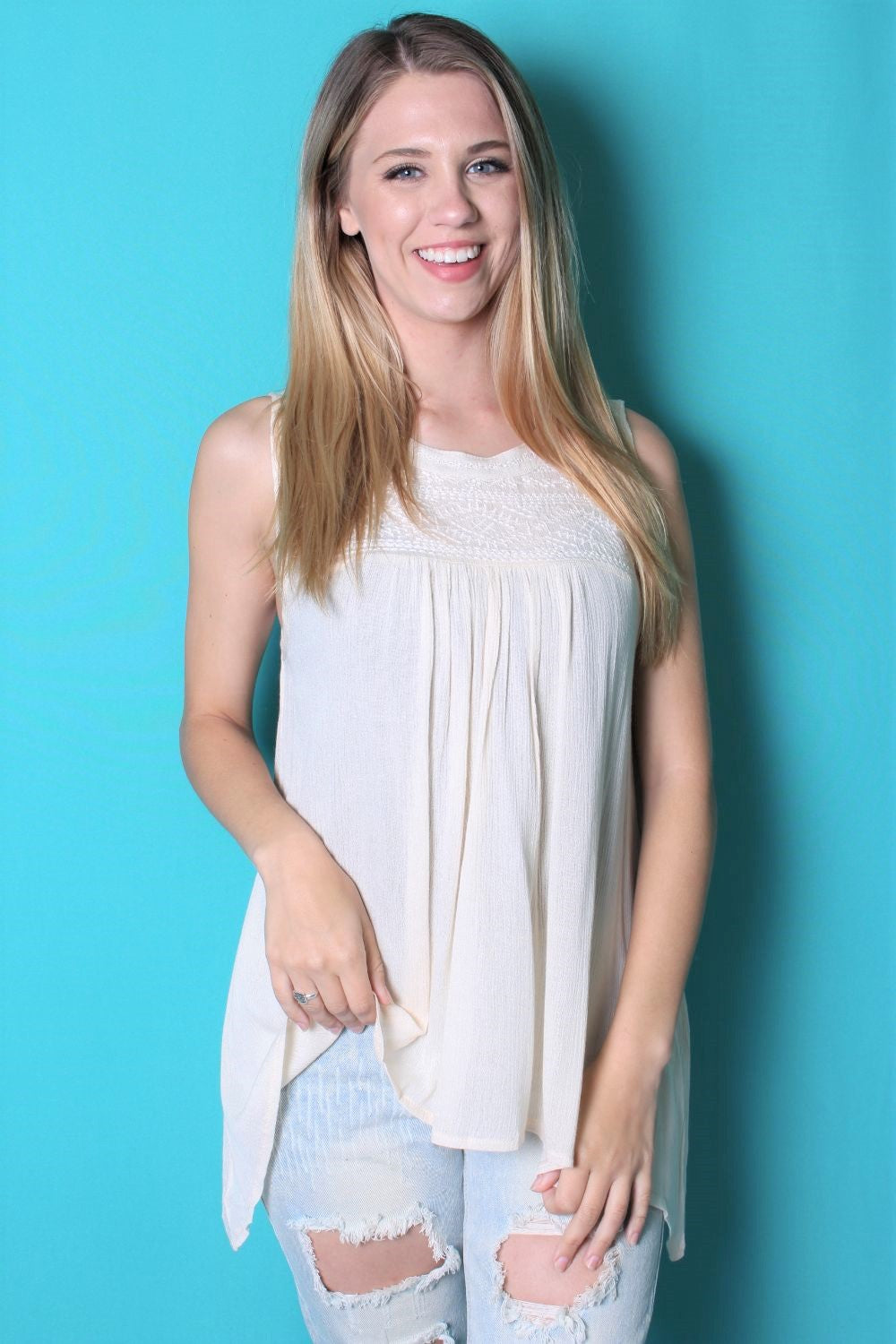 Women's Sleeveless Woven Top w/ Hi Low Hem