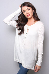Women's Tie Neck Long Sleeves Button Front Detail Knit Top