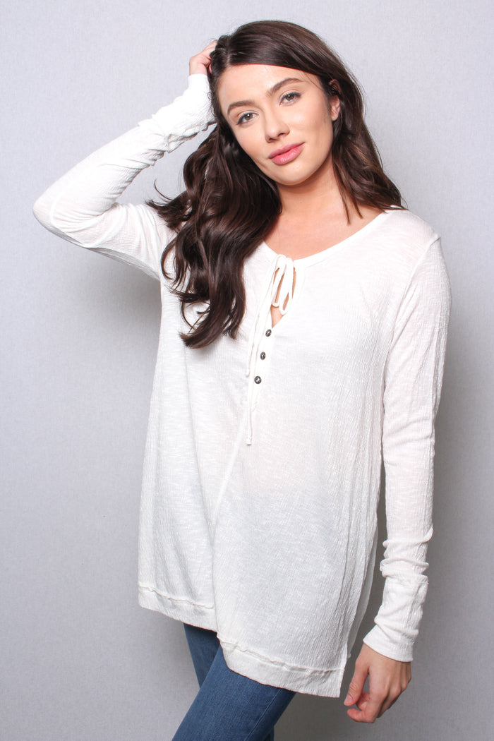Women's Tie Neck Long Sleeves Button Front Detail Knit Top