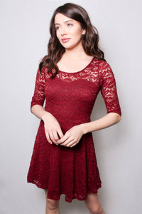 Women's Round Neck Short Sleeve Lace Mini Skater Dress