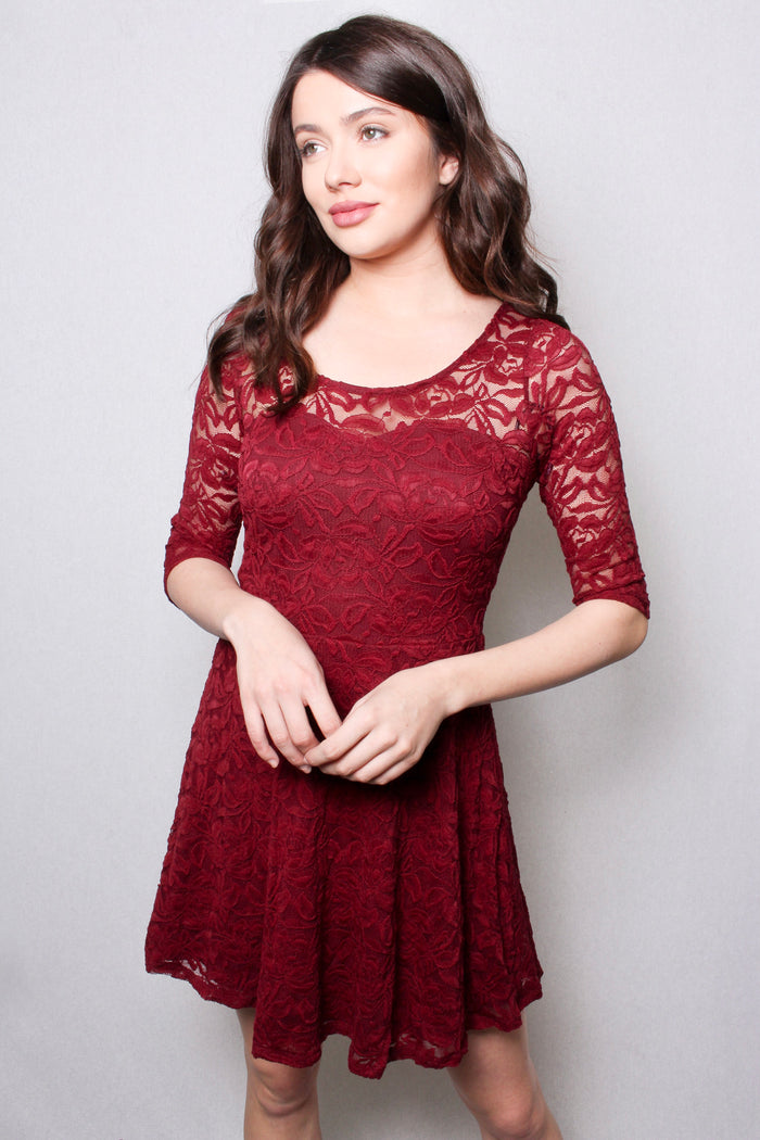 Women's Round Neck Short Sleeve Lace Mini Skater Dress