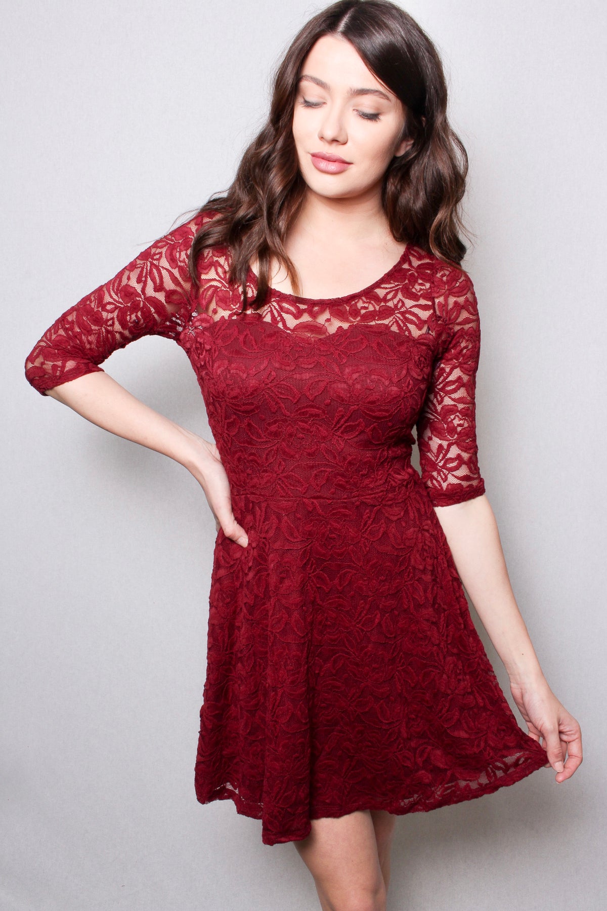 Women's Round Neck Short Sleeve Lace Mini Skater Dress