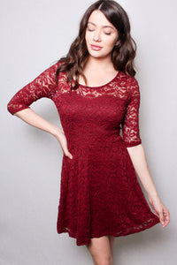 Women's Round Neck Short Sleeve Lace Mini Skater Dress