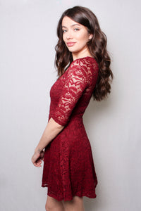 Women's Round Neck Short Sleeve Lace Mini Skater Dress