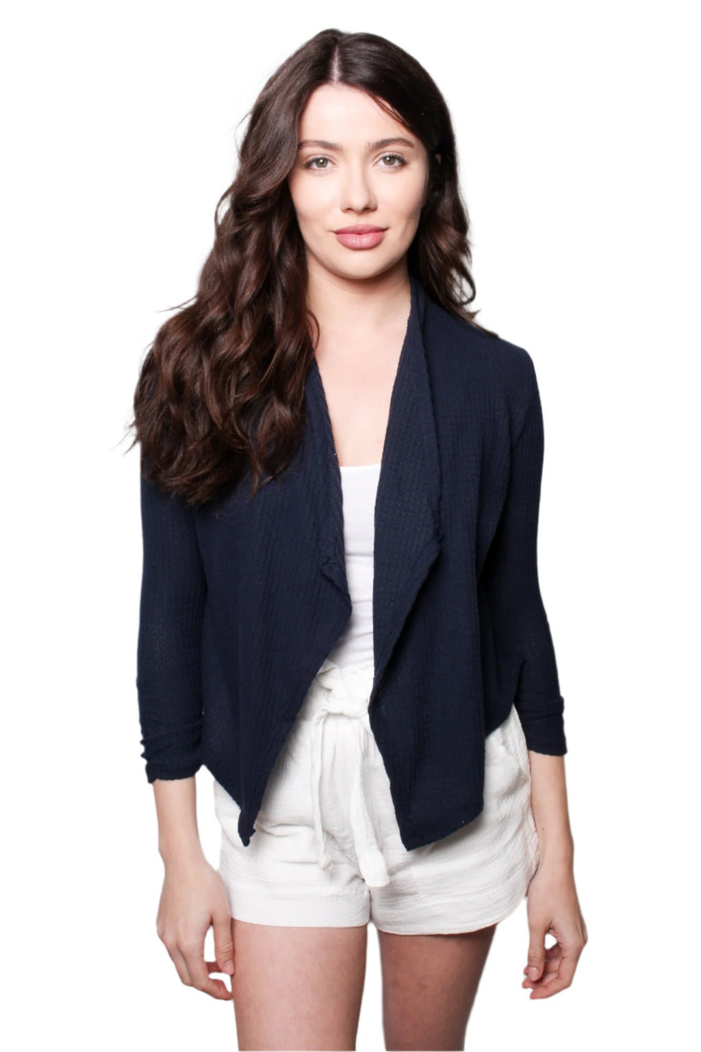 Women's Ruched Sleeves Open Front Waffle Cardigan