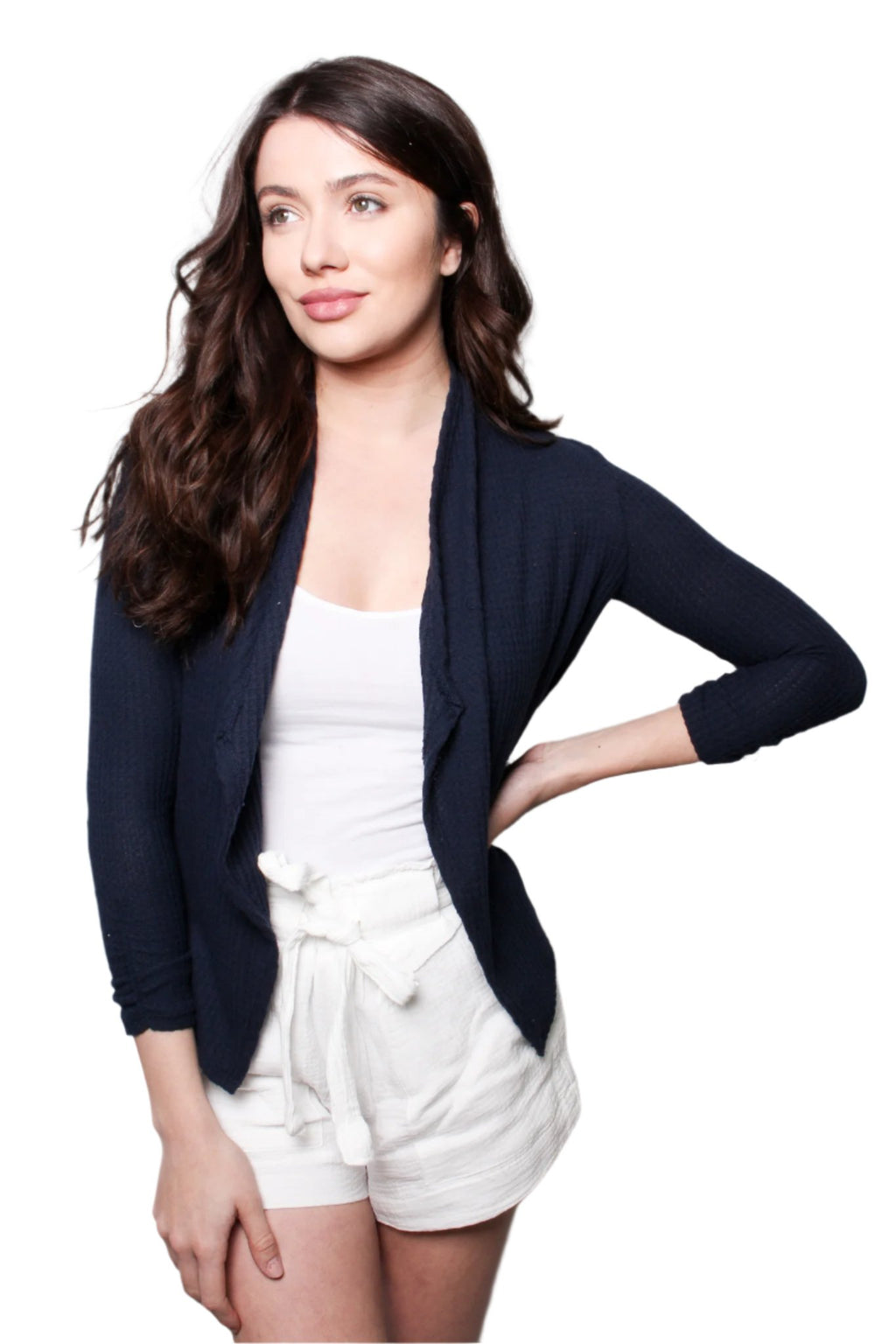 Women's Ruched Sleeves Open Front Waffle Cardigan