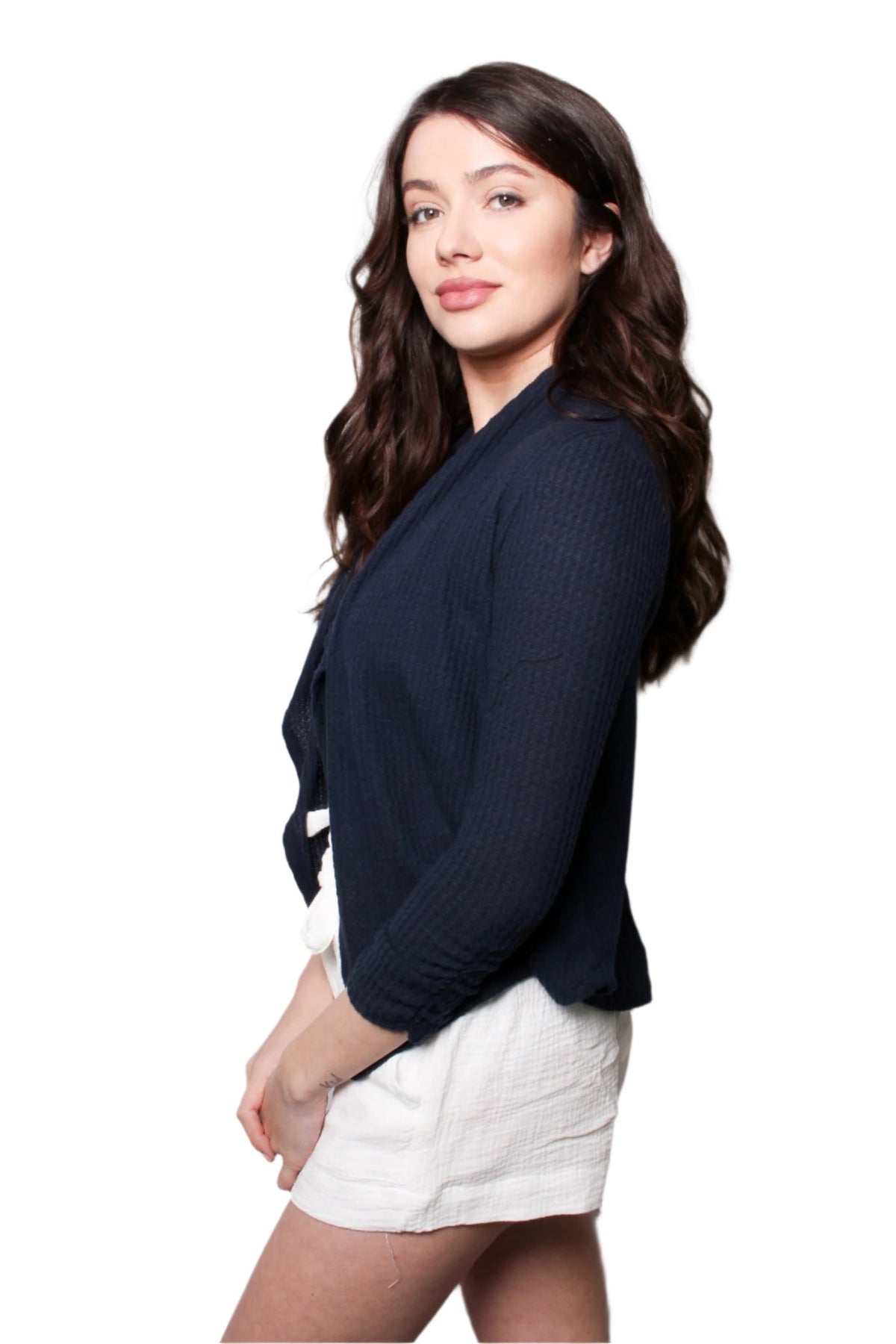 Women's Ruched Sleeves Open Front Waffle Cardigan
