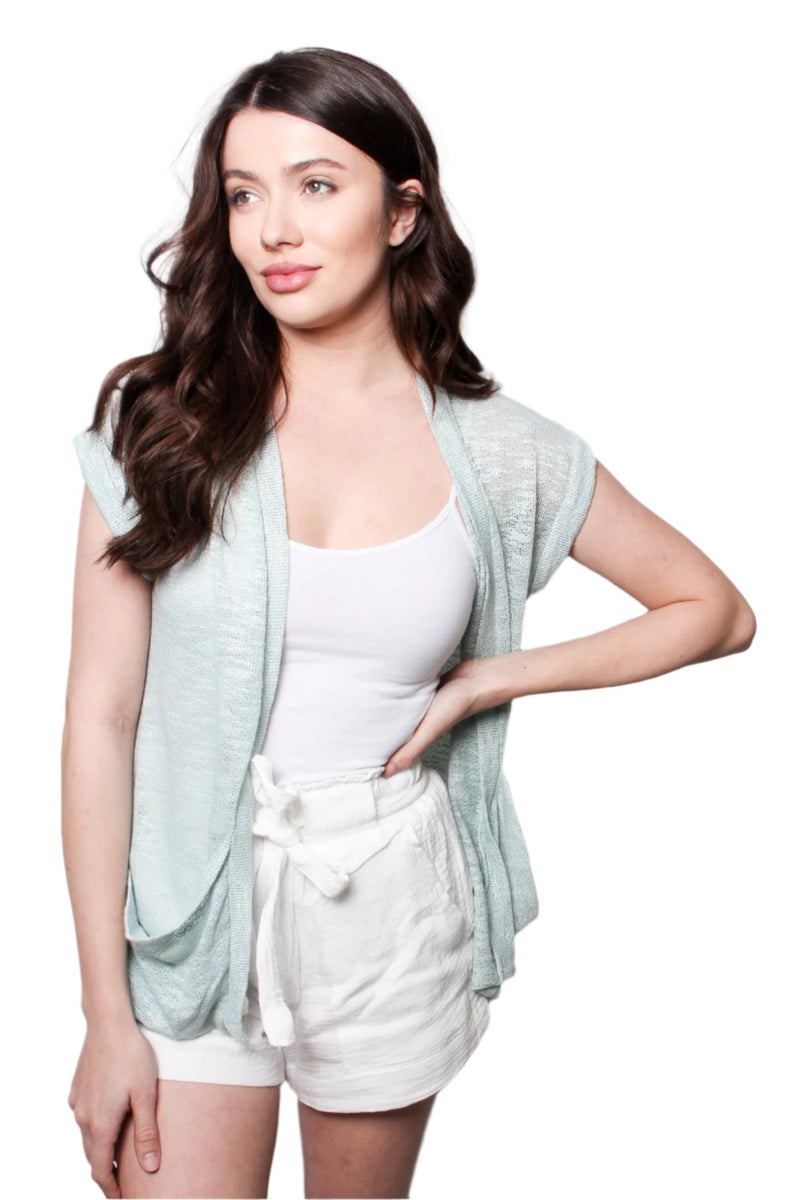 Women's Short Sleeves Open Front Pocket Mesh Cardigan