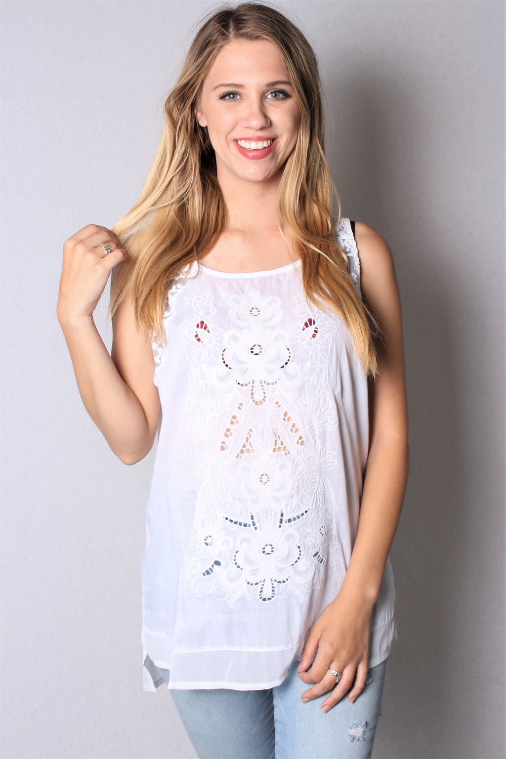 Women's Sleeveless Woven Embroidered Top with Lace Detail