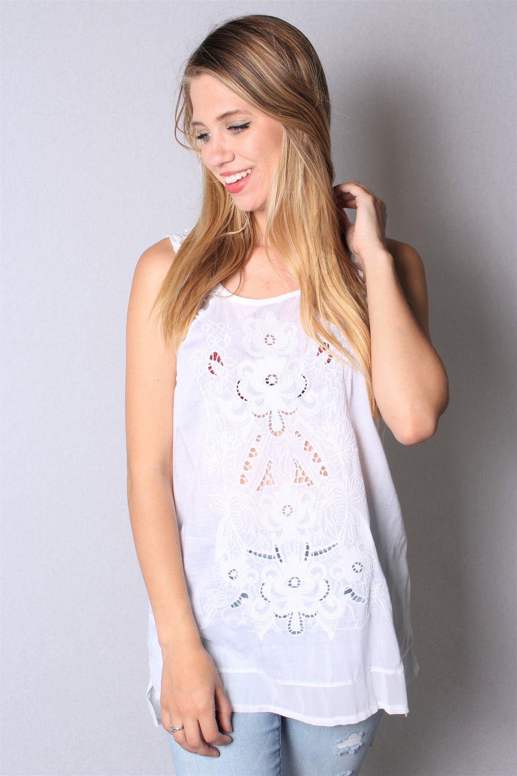 Women's Sleeveless Woven Embroidered Top with Lace Detail
