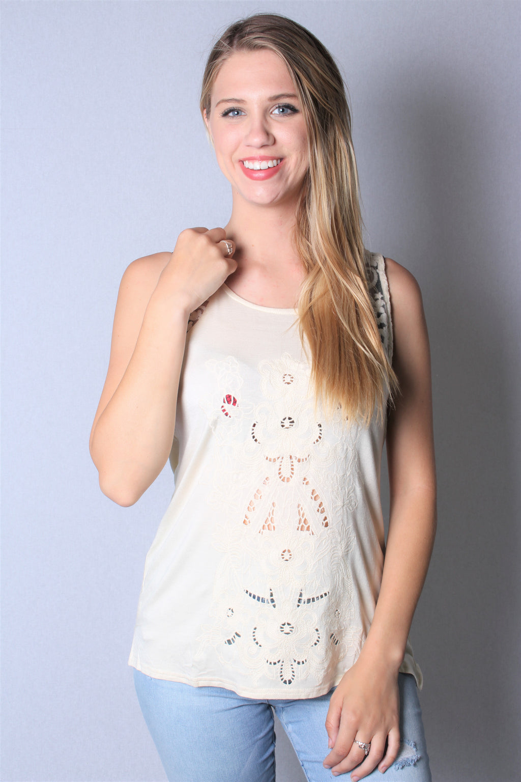 Women's Sleeveless Woven Embroidered Top with Lace Detail
