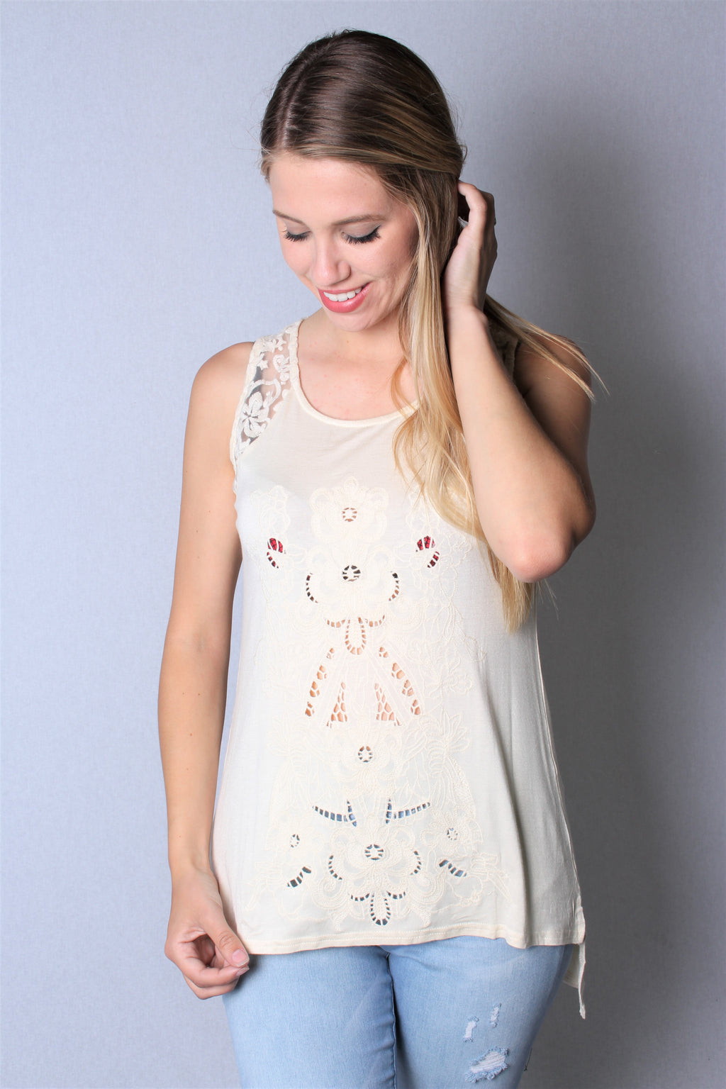 Women's Sleeveless Woven Embroidered Top with Lace Detail