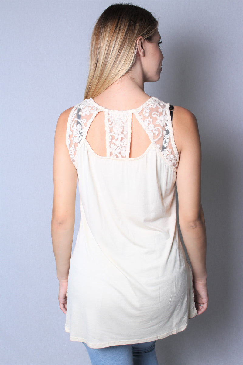 Women's Sleeveless Woven Embroidered Top with Lace Detail