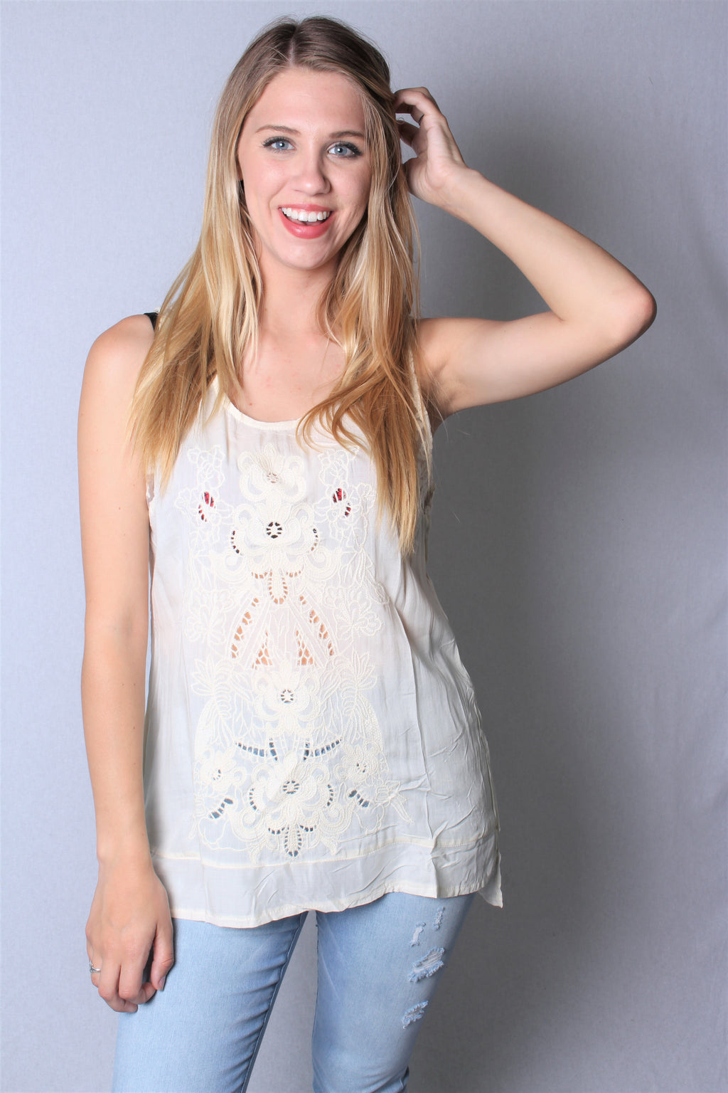 Women's Sleeveless Woven Embroidered Top with Lace Detail