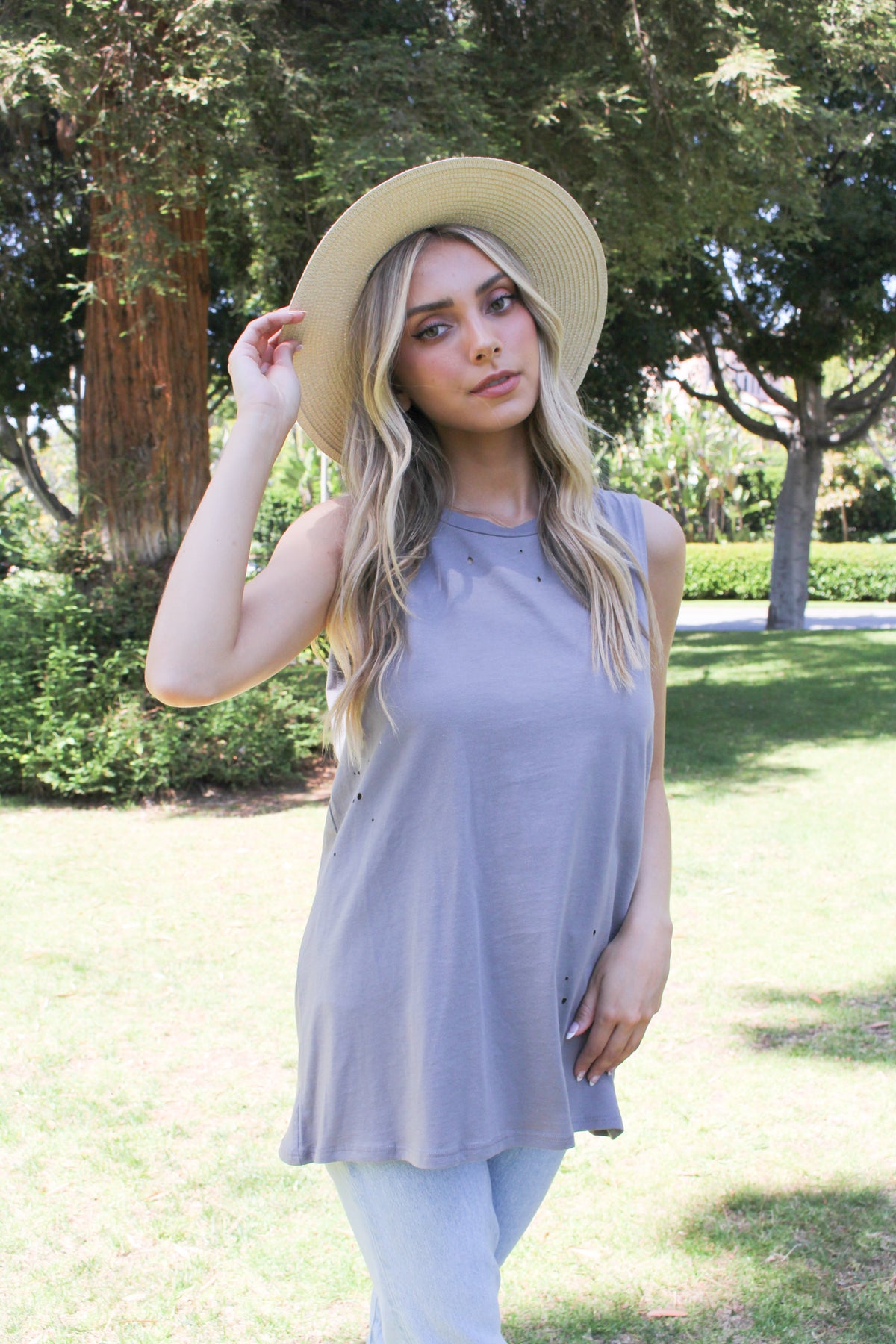 Women's Sleeveless Distressed Solid Top