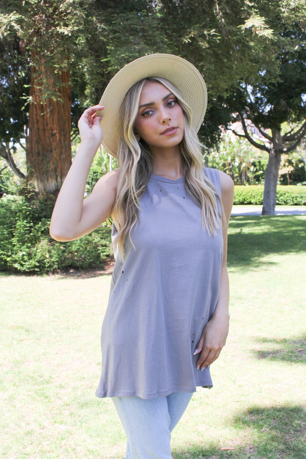 Women's Sleeveless Distressed Solid Top