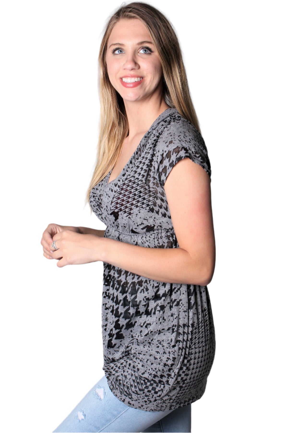 Women's Short Sleeve V Neck Top with Hoodie