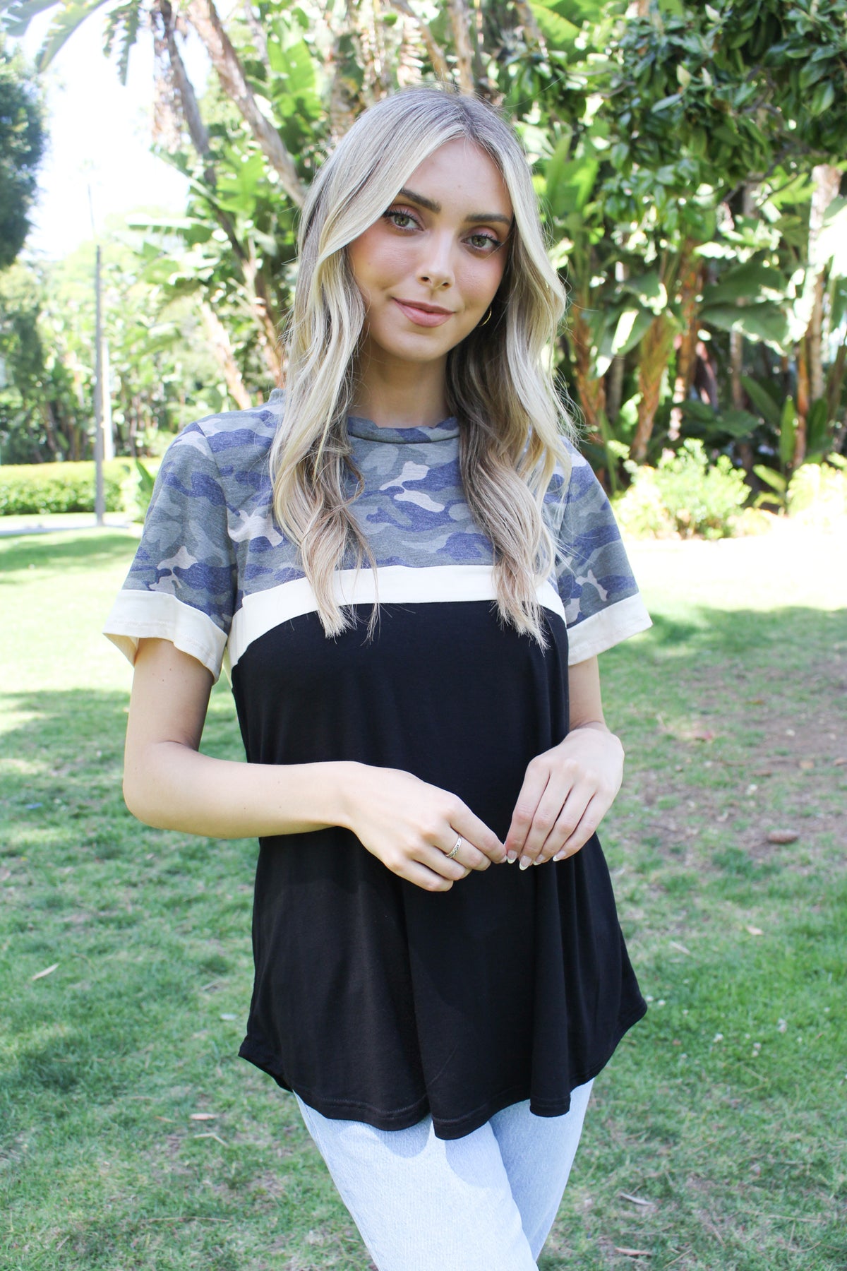 Women's Short Sleeves Camo Color Block Top