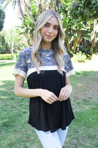 Women's Short Sleeves Camo Color Block Top
