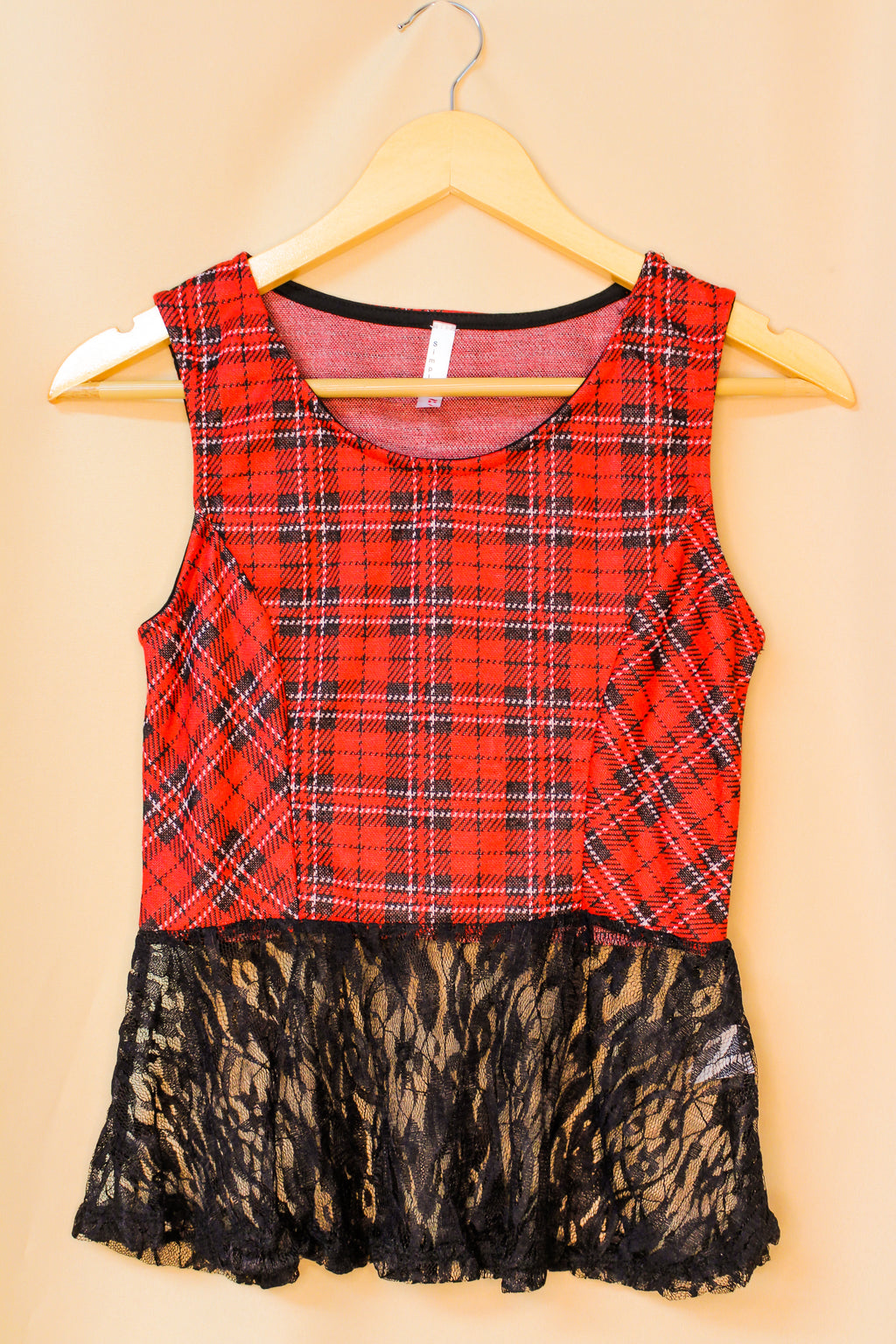 Girl's Sleeveless Plaid Peplum Top with Lace Detail