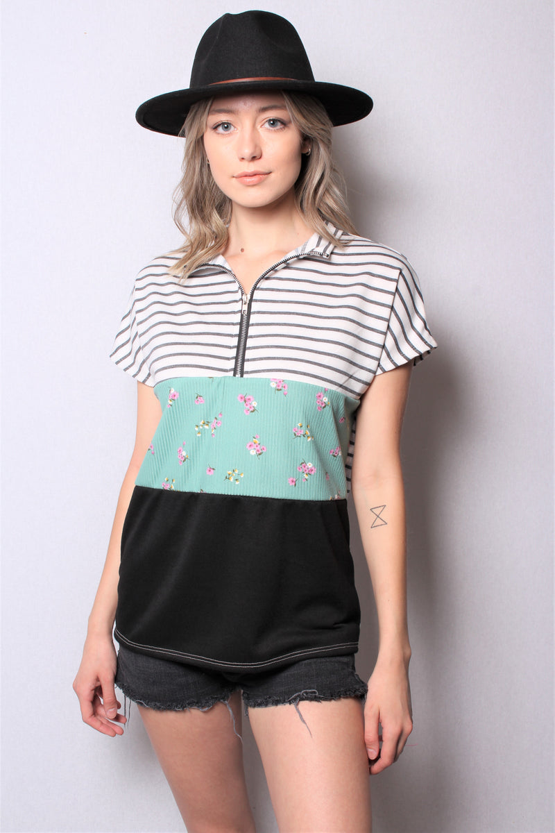 Women's Short Sleeve Zip Up Color Block Top