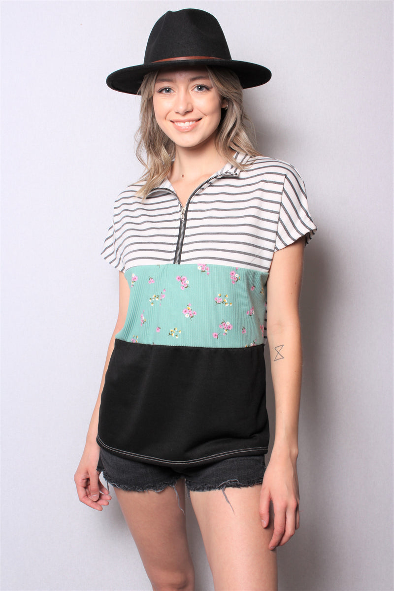 Women's Short Sleeve Zip Up Color Block Top