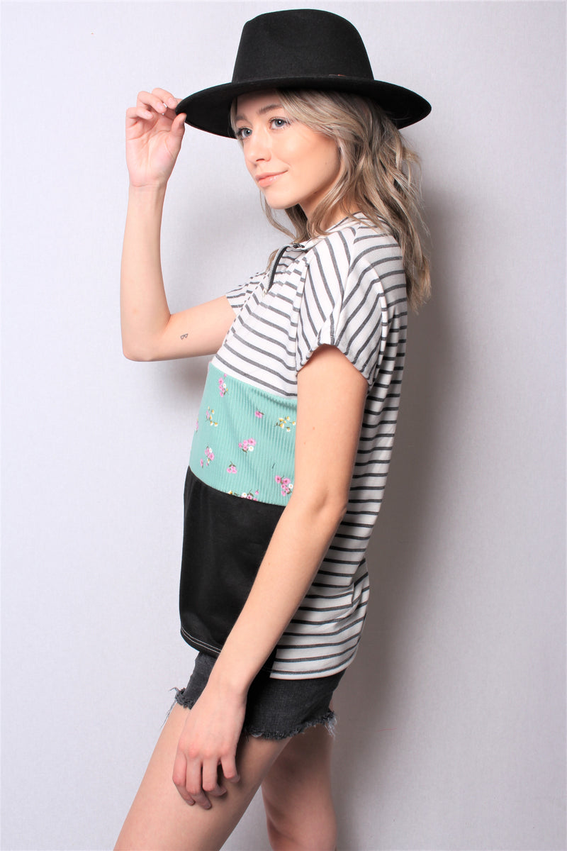 Women's Short Sleeve Zip Up Color Block Top