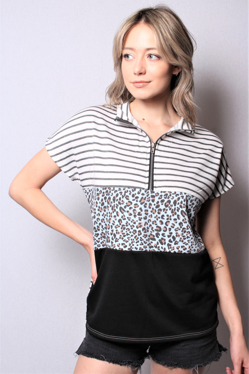 Women's Short Sleeve Zip Up Color Block Top