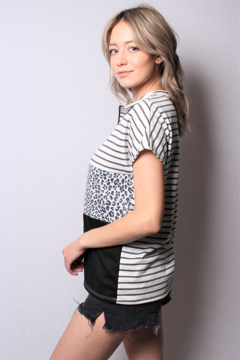 Women's Short Sleeve Zip Up Color Block Top