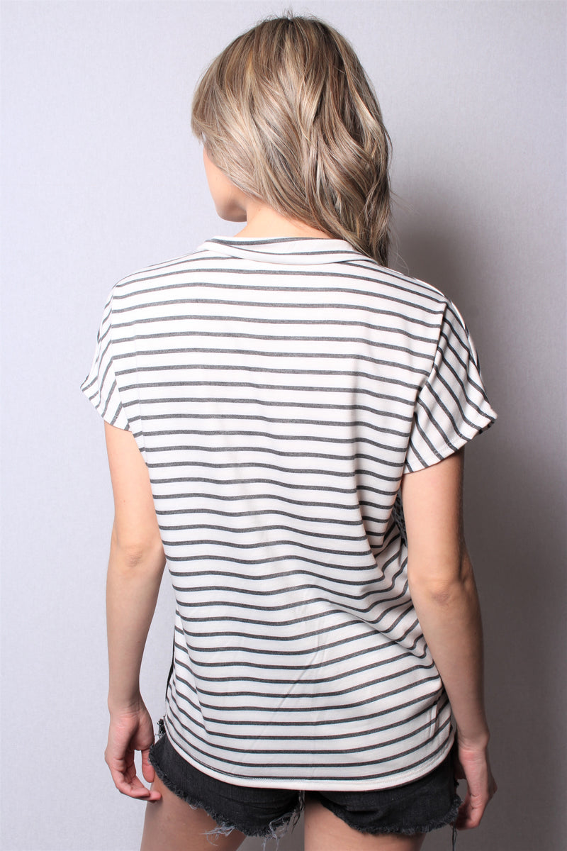 Women's Short Sleeve Zip Up Color Block Top