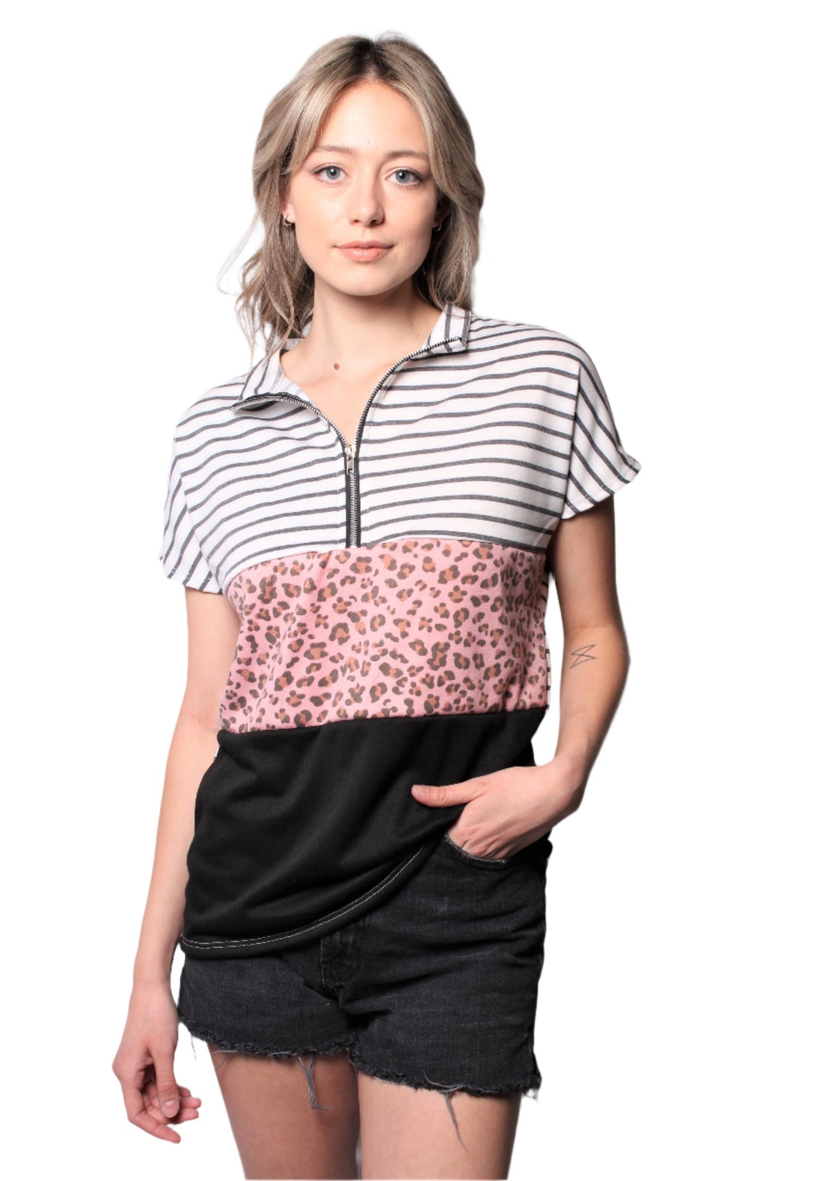 Women's Short Sleeve Zip Up Color Block Top