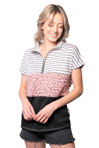 Women's Short Sleeve Zip Up Color Block Top